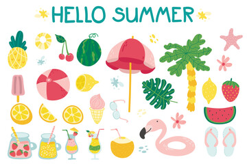 Summer set with cute beach elements and lettering: cocktail, juice, ice cream, fruits, flowers, palm trees. Hand drawn flat cartoon elements. poster, card, scrapbooking, tag, invitation, sticker kit