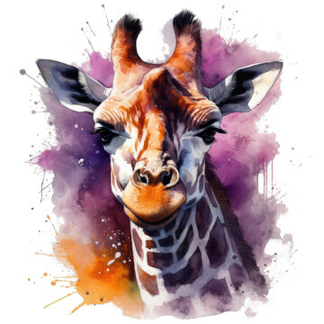 Watercolor portrait of a giraffe head in purple color tone and mood style. Watercolor paint and splash on paper. Generative AI