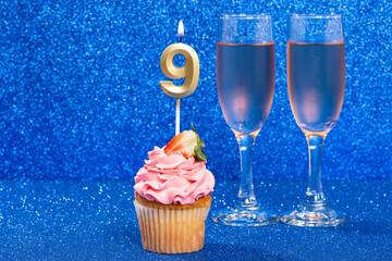 Cupcake With Numbers And Glasses With Wine For Birthday Or Anniversary