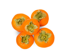 Whole delicious juicy persimmons on white background, top view