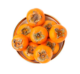 Bowl with whole delicious juicy persimmons isolated on white, top view
