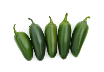 Green hot chili peppers isolated on white, top view