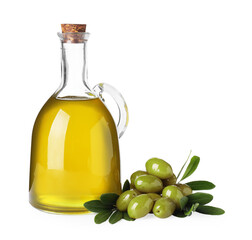 Glass jug of cooking oil, ripe olives and green leaves isolated on white