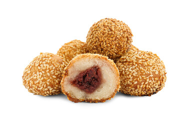 Delicious sesame balls with red bean paste on white background