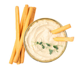 Delicious hummus with grissini sticks isolated on white, top view