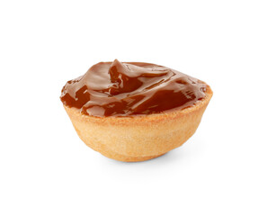 Half of delicious nut shaped cookie with boiled condensed milk isolated on white