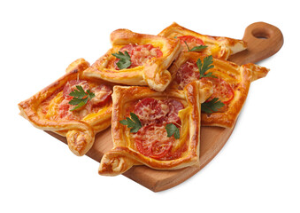 Fresh delicious puff pastry with cheese, tomatoes and parsley on white background