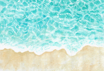 Watercolor painting nature background of blue sea water and summer seascape beautiful waves, tropical nature, sea with waves splashing and beach sand concept. Hand painted texture style on paper.