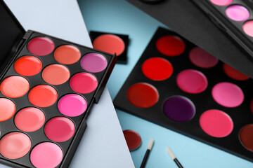 Cream lipstick palettes and brushes on color background, closeup with space for text. Professional...