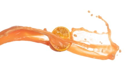 Orange Juice pouring down in Shape form line. Orange juicy hit full fruit fluttering explosion in air, liquid water splash spill like explosion droplet. White background isolated, stop motion freeze