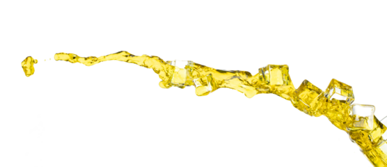 Pouring lime juice down to glass, lime juice fall down in yellow liquid water. Cold Ice Cube mix green lime juice throw splash in air. White background Isolated high speed shutter, freeze action