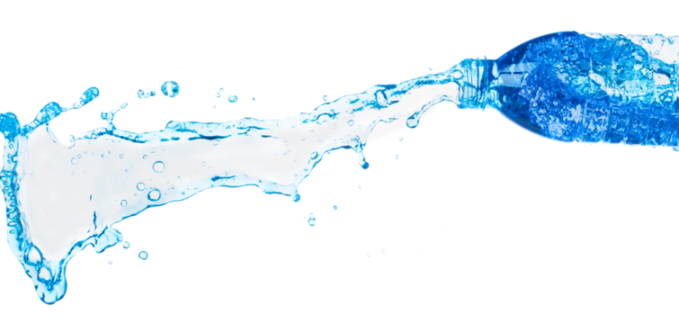 Drinking Water in Plastic Bottle fall fly in mid air, fresh water plastic bottle floating explosion. Fresh water plastic bottles pour throw in air. White background isolated freeze motion high speed