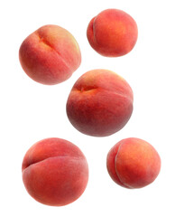 Fresh ripe peaches falling on white background