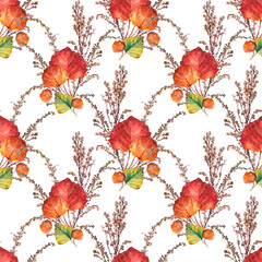 Autumn seamless pattern with watercolor hand-drawn red orange leaf and branch on white. Forest nature plant foliage leaves. Background for  halloween wrapping or sketchbook. Bouquet for wallpaper
