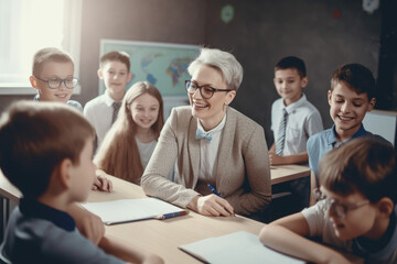 Female caucasian teacher with his students in class. Generative AI.