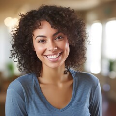 Smiling woman looking at the camera. Zoom. Profile photo. Generative AI