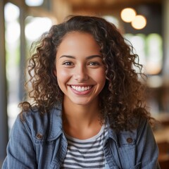 Smiling woman looking at the camera. Zoom. Profile photo. Generative AI