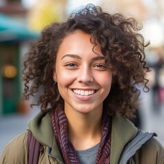 Smiling woman looking at the camera. Zoom. Profile photo. Generative AI