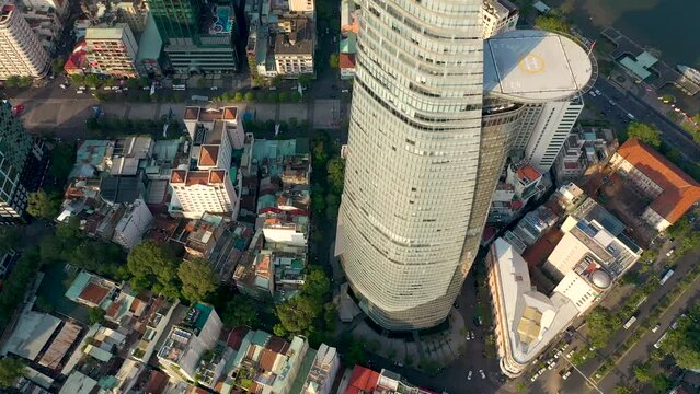 Ho Chi Minh City, Vietnam - May, 2023: Aerial view of center of Saigon riverside at Ho Chi Minh City, Vientam in sunrise or sunset