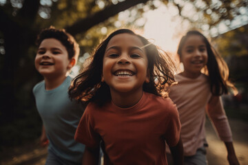 Multiracial children playing run in the school playground. Generative AI.