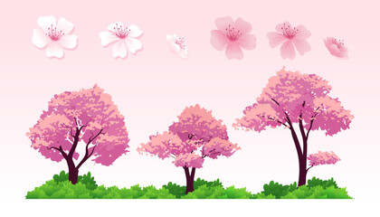 Cherry Trees vector element, Isolated Different trees with different of flower element illustration.