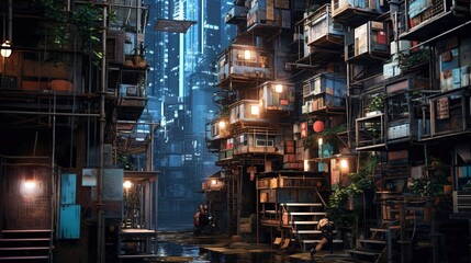 Futuristic cityscape dystopian apartments illustration using generative AI 