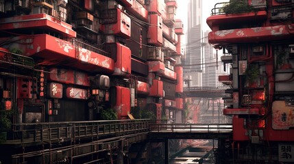 Futuristic red color building blocks cityscape utopia using generative AI 