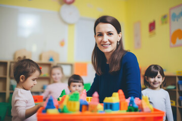 Preschool caucasian teacher playing with kids at kindergarten. Generative AI.