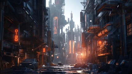 Futuristic but gloomy cityscape dystopian slums using generative AI 
