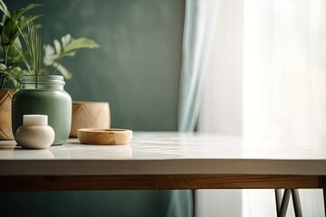 Tabletop for product display is empty, and the background is a fuzzy bathroom. Generative AI