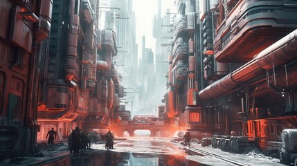Futuristic city slums street wide angle view illustration using generative AI 