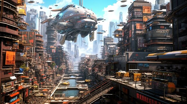 Futuristic cityscape utopia with flying vehicle using generative AI 
