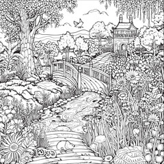 coloring page with a lake view and garden in garden for adults, in the style of dark white and light silver, whimsical illustration, characterful pen and ink, timeless artistry