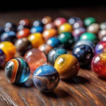 marbles on wood table generative ai