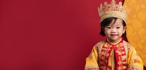 a smiling girl child dressed as a queen's soft solid dark red background generative ai - obrazy, fototapety, plakaty