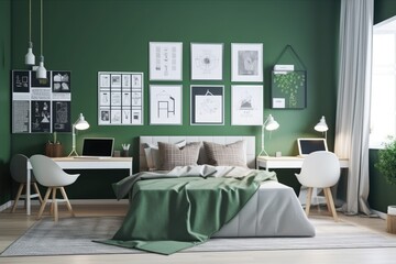 Stylish teen bedroom with a large bed and mock up posters on the green wall. Generative AI