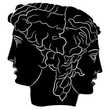 Janiform head with two faces. Janus as man and woman. Ancient Greek or Roman mythology. Union of opposites. Creative concept. Duality and love. Black and white negative silhouette.