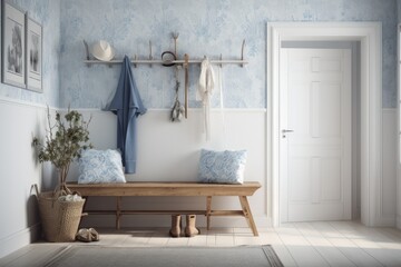 Obraz na płótnie Canvas Scandinavian hallway with mock up in white and blue tones. Coat rack with wooden bench. Glass, wallpaper, and the front door of a farmhouse. Generative AI