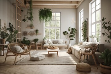Fototapeta na wymiar Scandinavian style living room with background of indoor plants. Generative AI