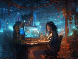 Girl with long black hair working on her computer. Generative ai
