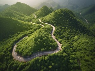 Aerial view of a road on the mountain with forest arround. Generative ai