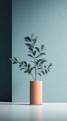 calm peaceful minimalist plant in pot with calm blue background