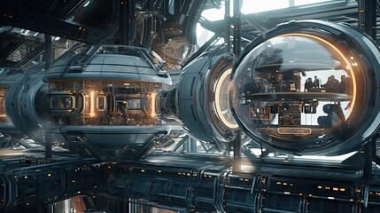 Futuristic interior of an starship, explore the space in the future, with advanced technology and artificial intelligence