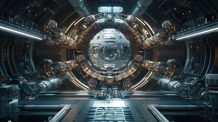 Futuristic interior of an starship, explore the space in the future, with advanced technology and artificial intelligence