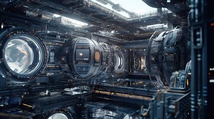 Futuristic interior of an starship, explore the space in the future, with advanced technology and artificial intelligence