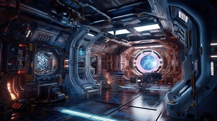Galaxy starship interior with neon lights, futuristic cinema style scene
