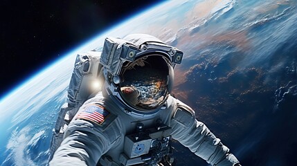 Fototapeta Photo of an astronaut admiring the beauty of earth while floating in space, nasa and space x obraz