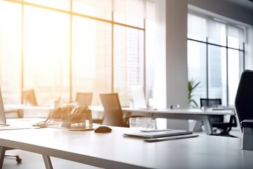 Business office without people with blurred bokeh background with copy space
