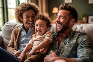 male gay couple family with a child smiling in the living room having a good time the three together sitting on the couch sofa, kid with two fathers, fathers day LGBT, generative AI