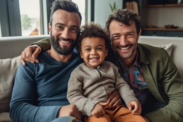 male gay couplle family with a child smiling in the living room having a good time the three together sitting on the couch sofa, kid with two fathers, fathers day LGBT, looking camera, generative AI